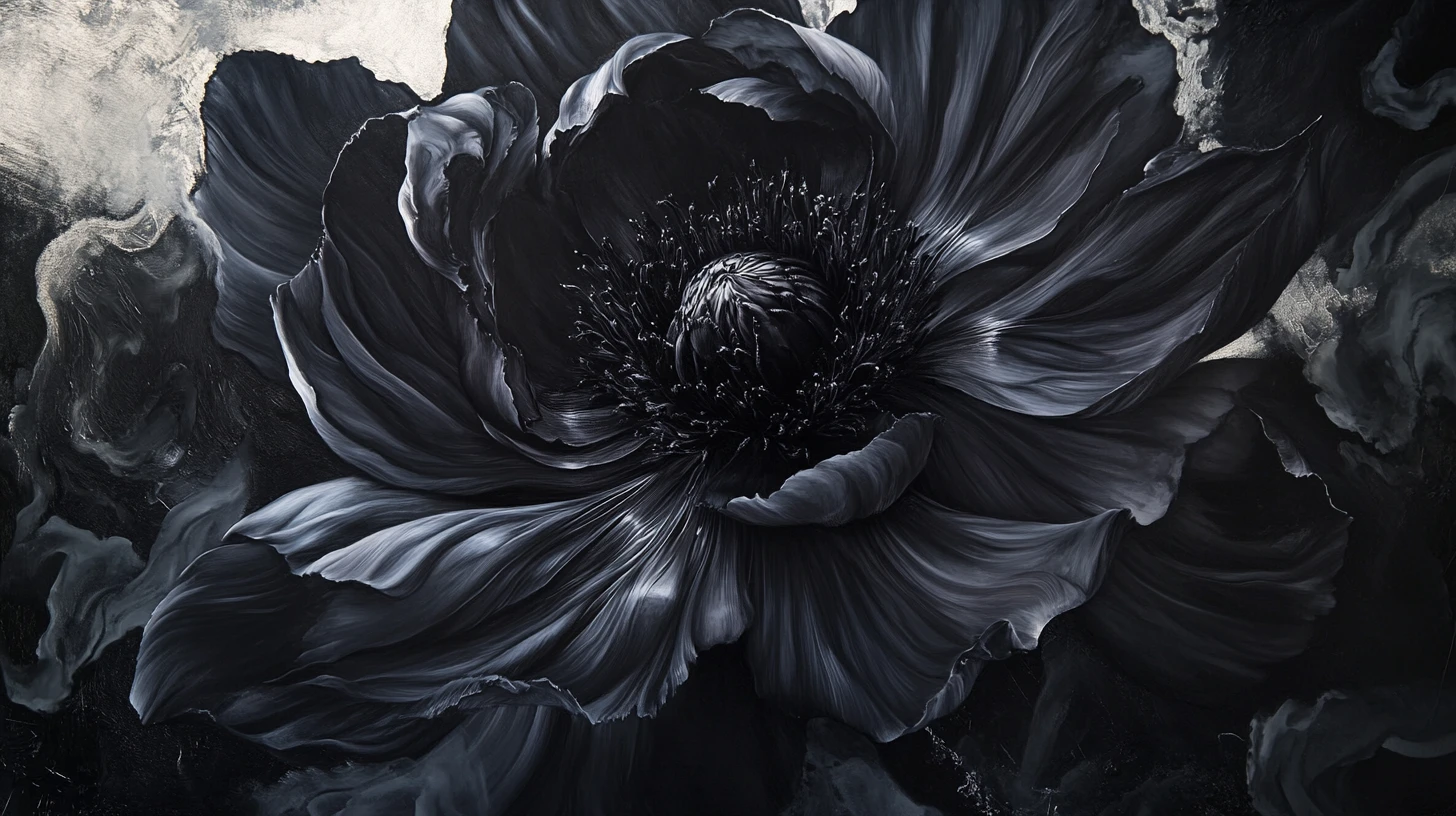 Gigantic black flower blooming beneath a dark solar eclipse