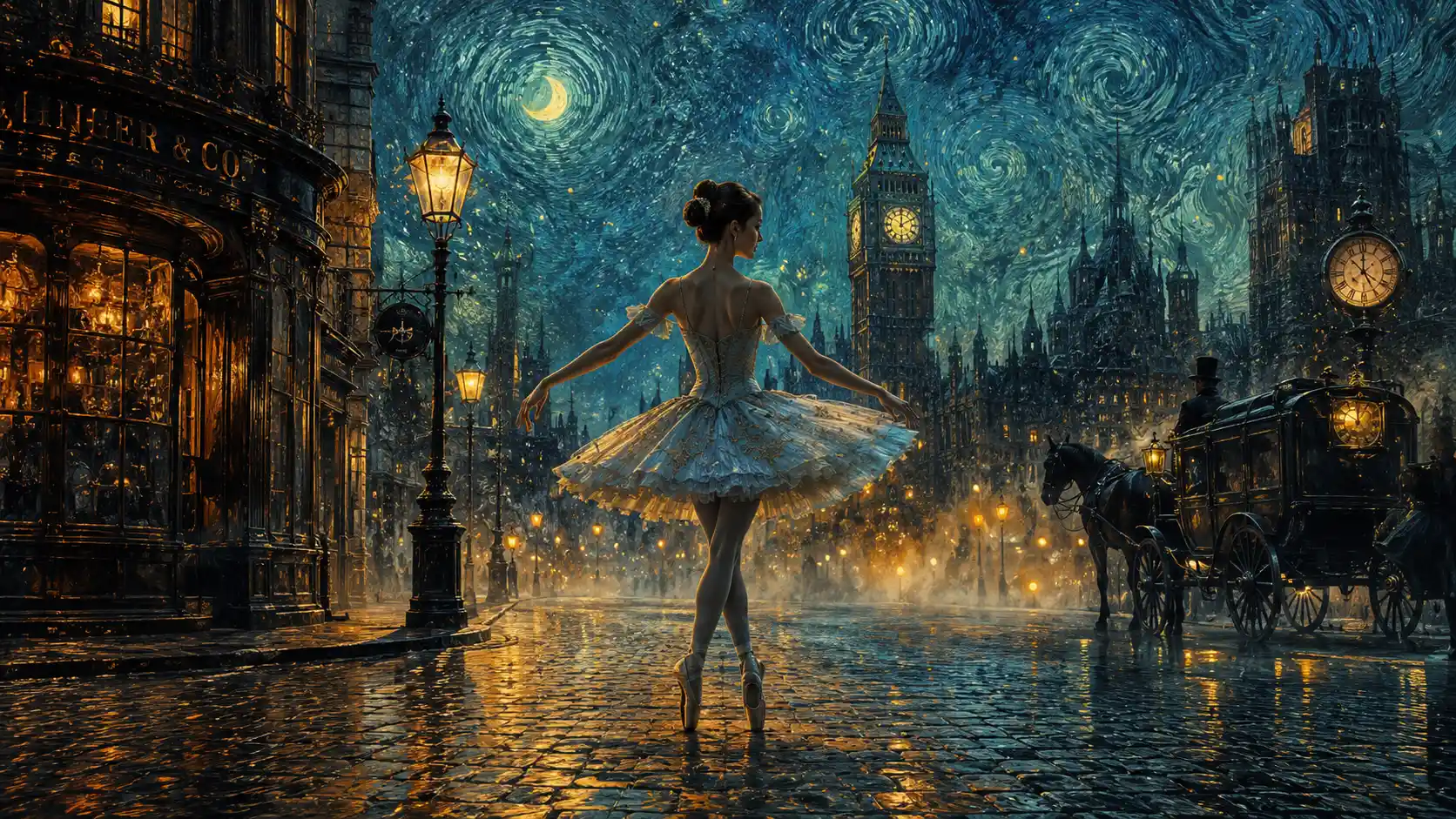 Lonely ballerina on a misty gaslit Victorian city street