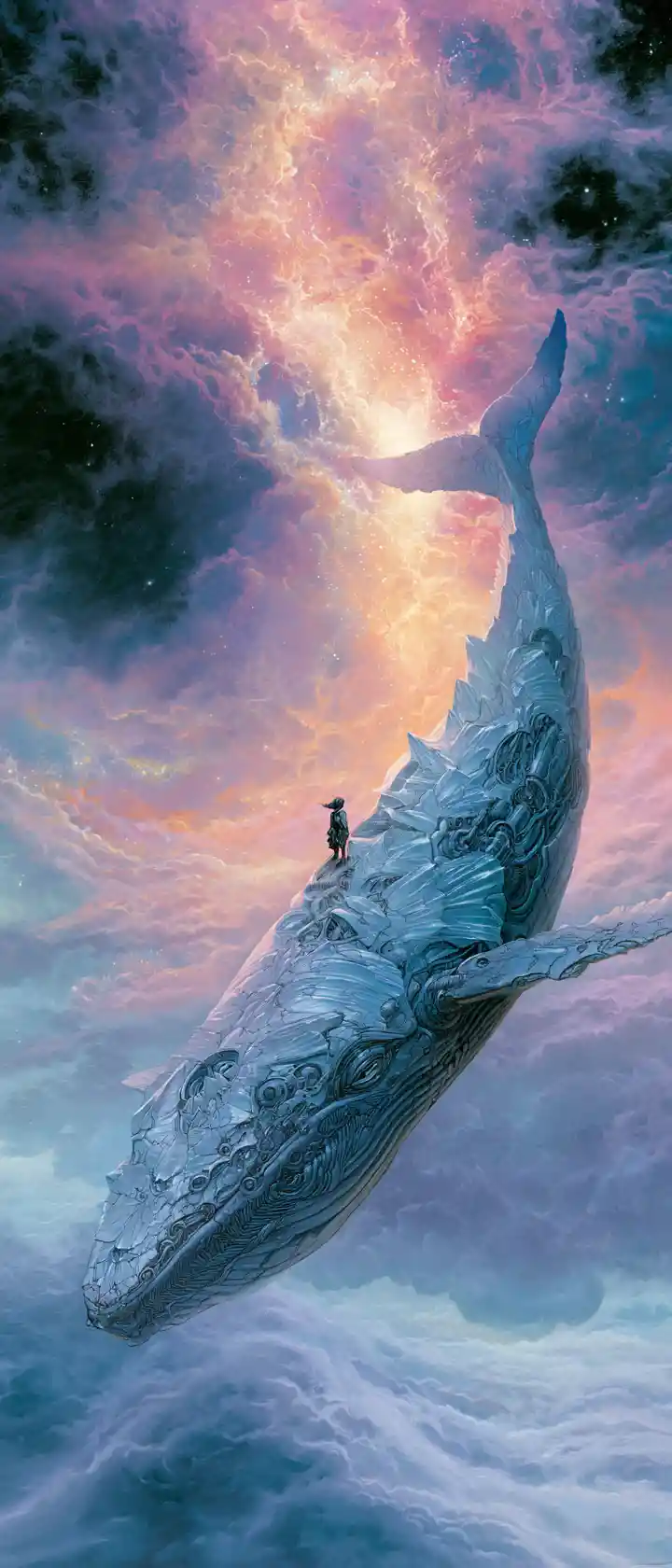 Tiny anime figure on colossal crystal whale in pastel nebula