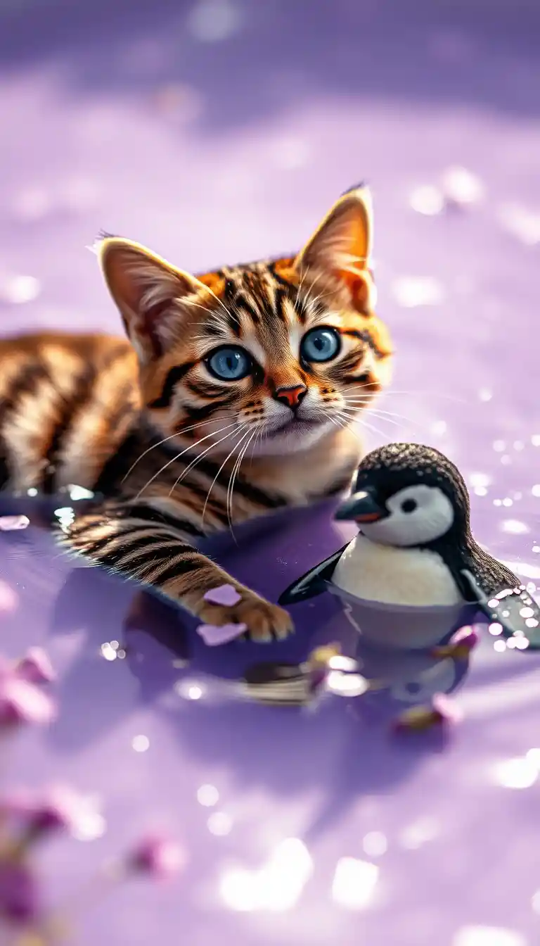 Blue eyed cat and penguin floating in lavender water