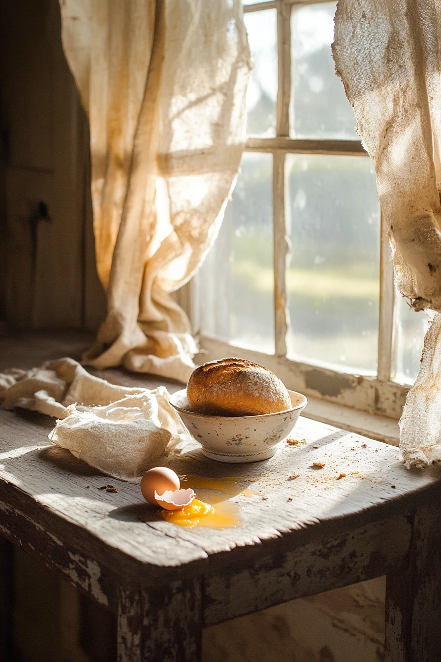 Cracked Egg And Bread On Rustic Kitchen Table