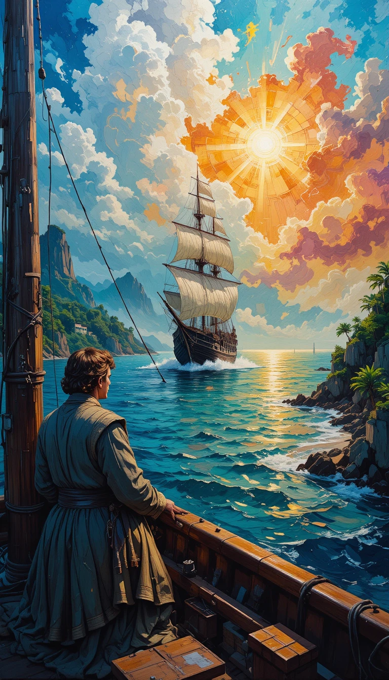 Portuguese sailor on a caravela facing the Brazilian coast