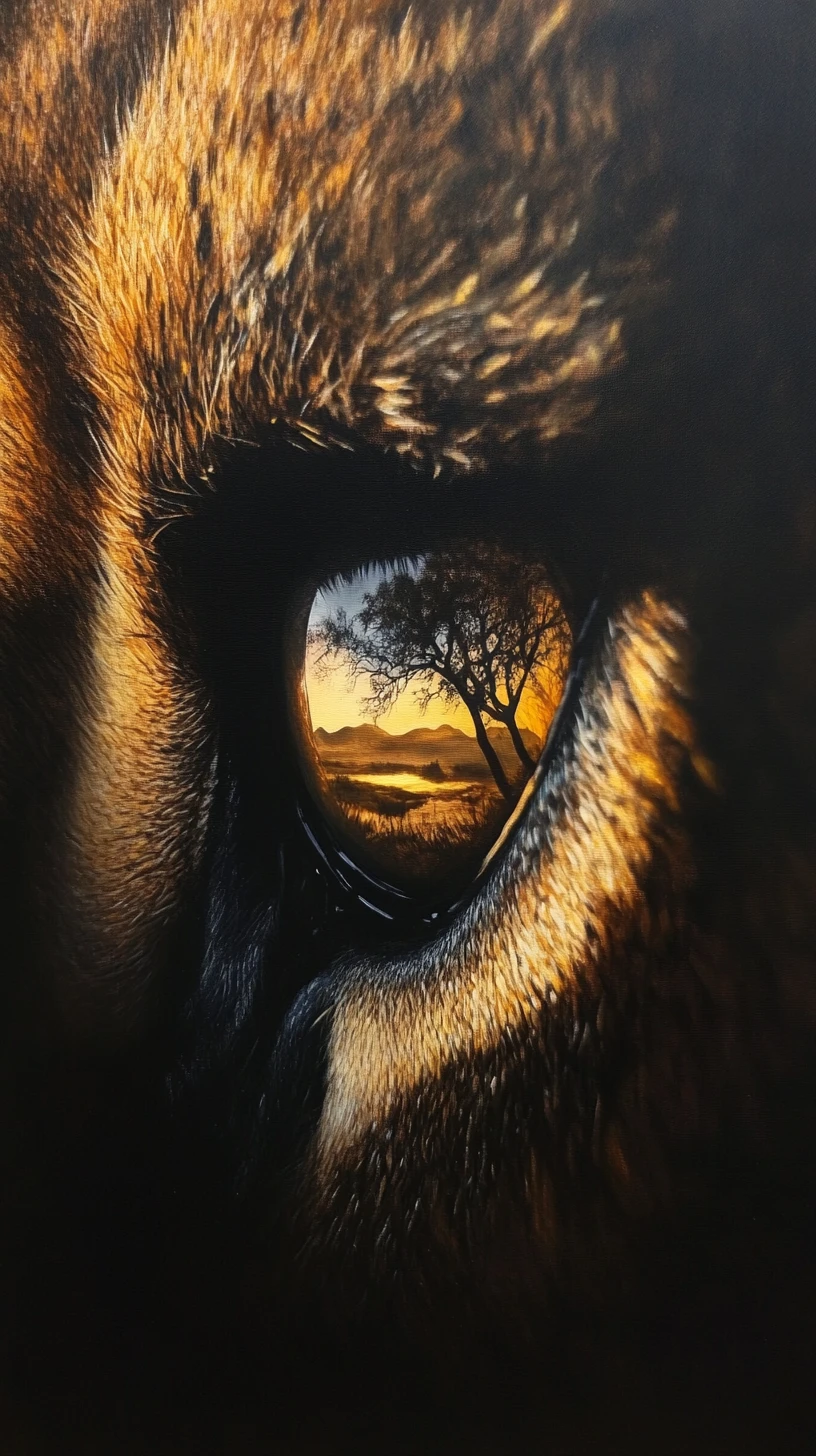 Lion in shadow with distant landscape reflected eye