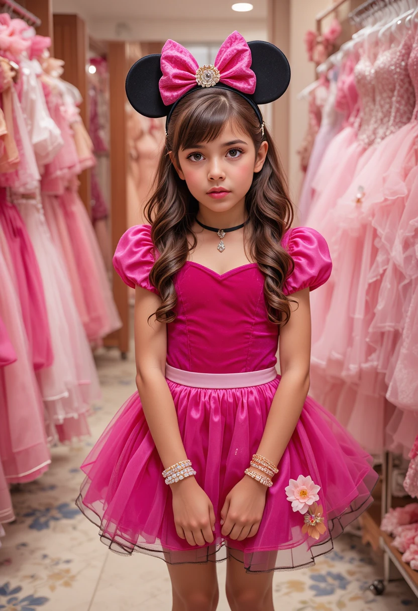 Embarrassed boy dressed as a girl in Minnie outfit