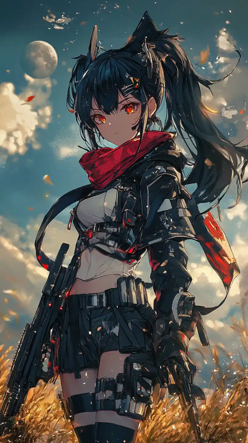 Anime-Mädchen auf einer alten Steinstraße in der Dämmerung