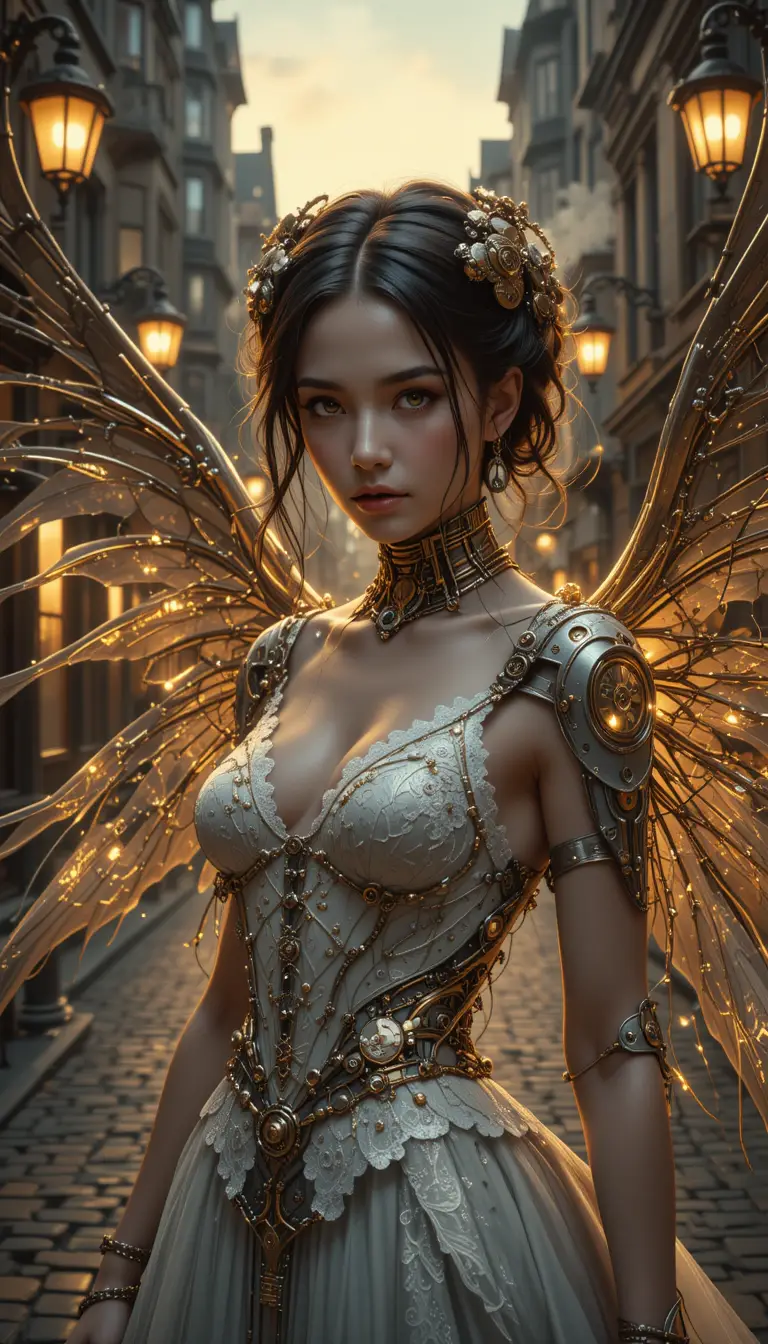 Cybernetic angel bride on a glowing Victorian street