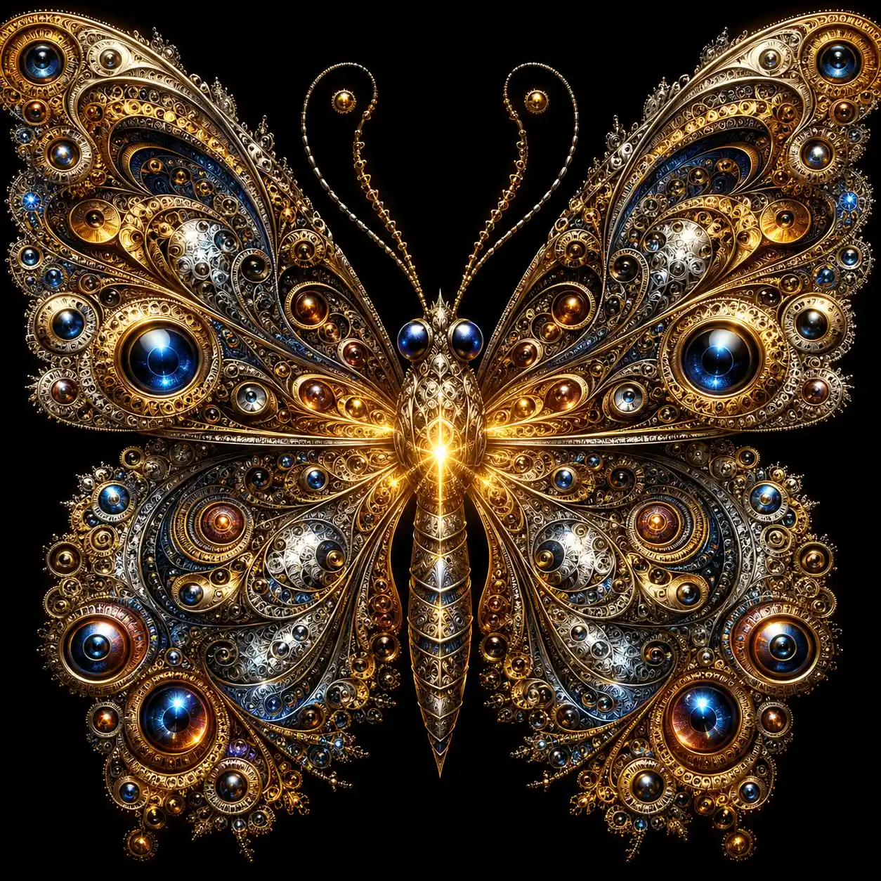 Fractal metallic butterfly glowing on a dark background
