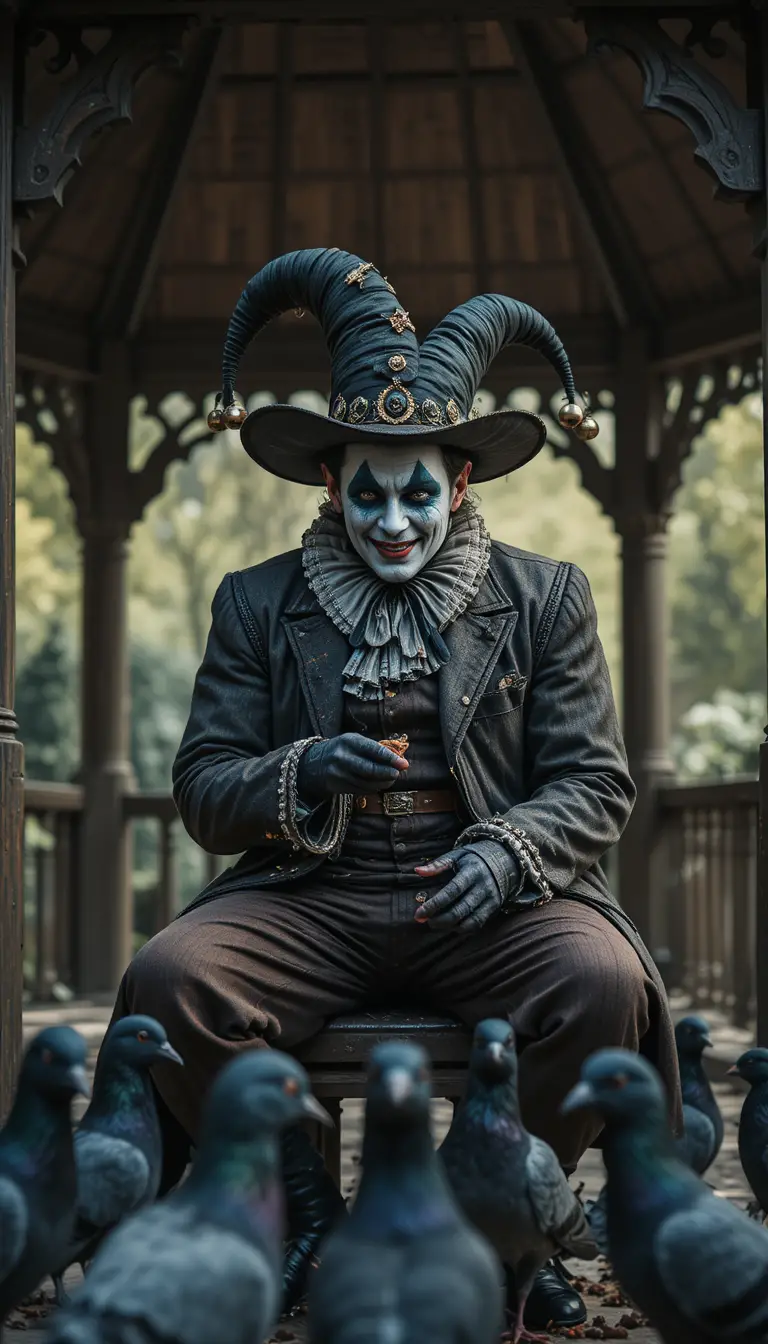 Melancholic court jester feeding pigeons under a rustic gazebo