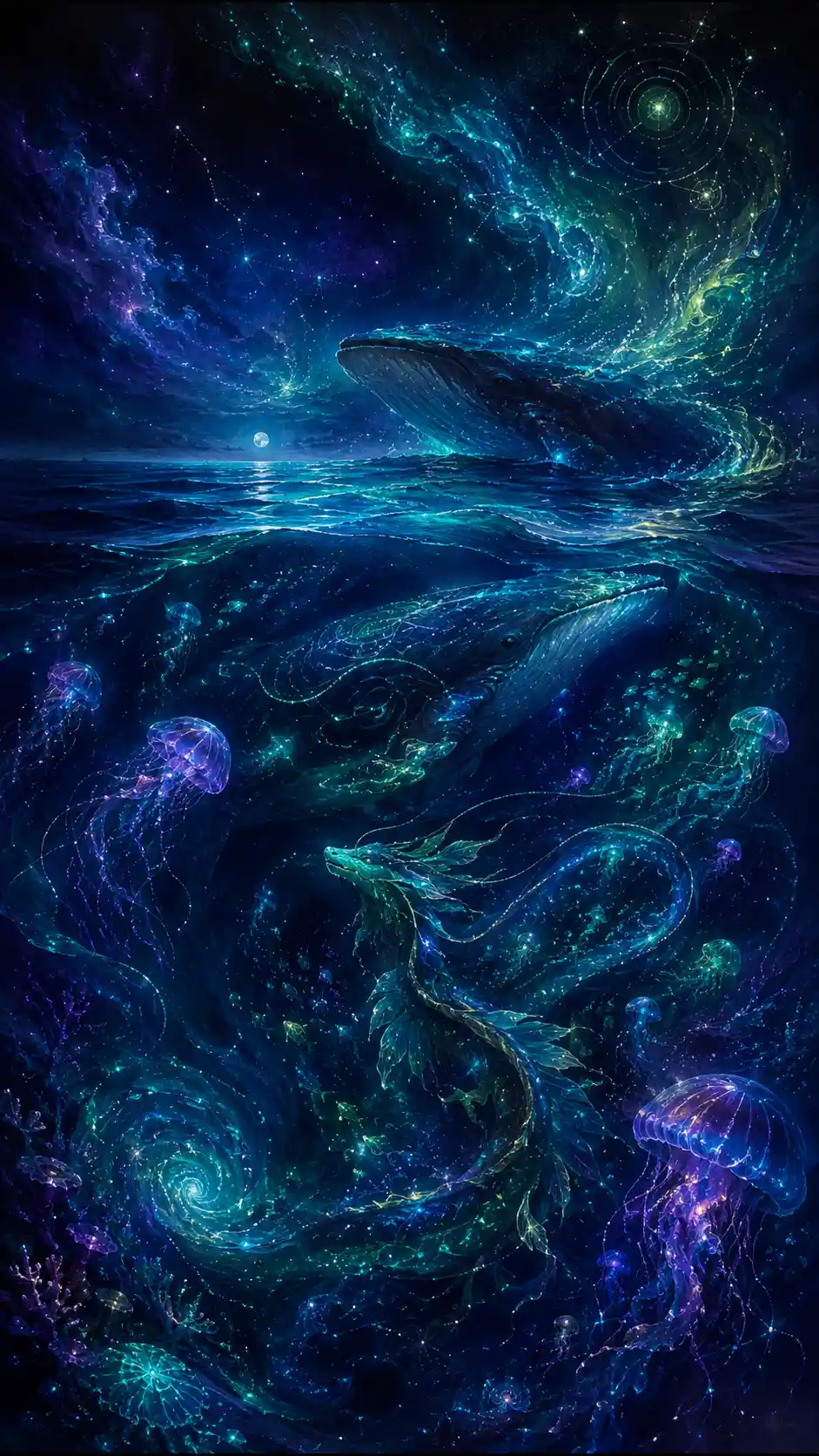 Endless midnight ocean glowing with bioluminescent marine life