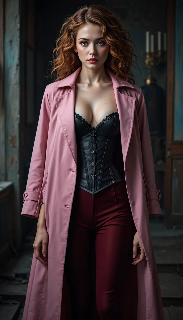 Young woman in pink trench coat dramatic full body pose