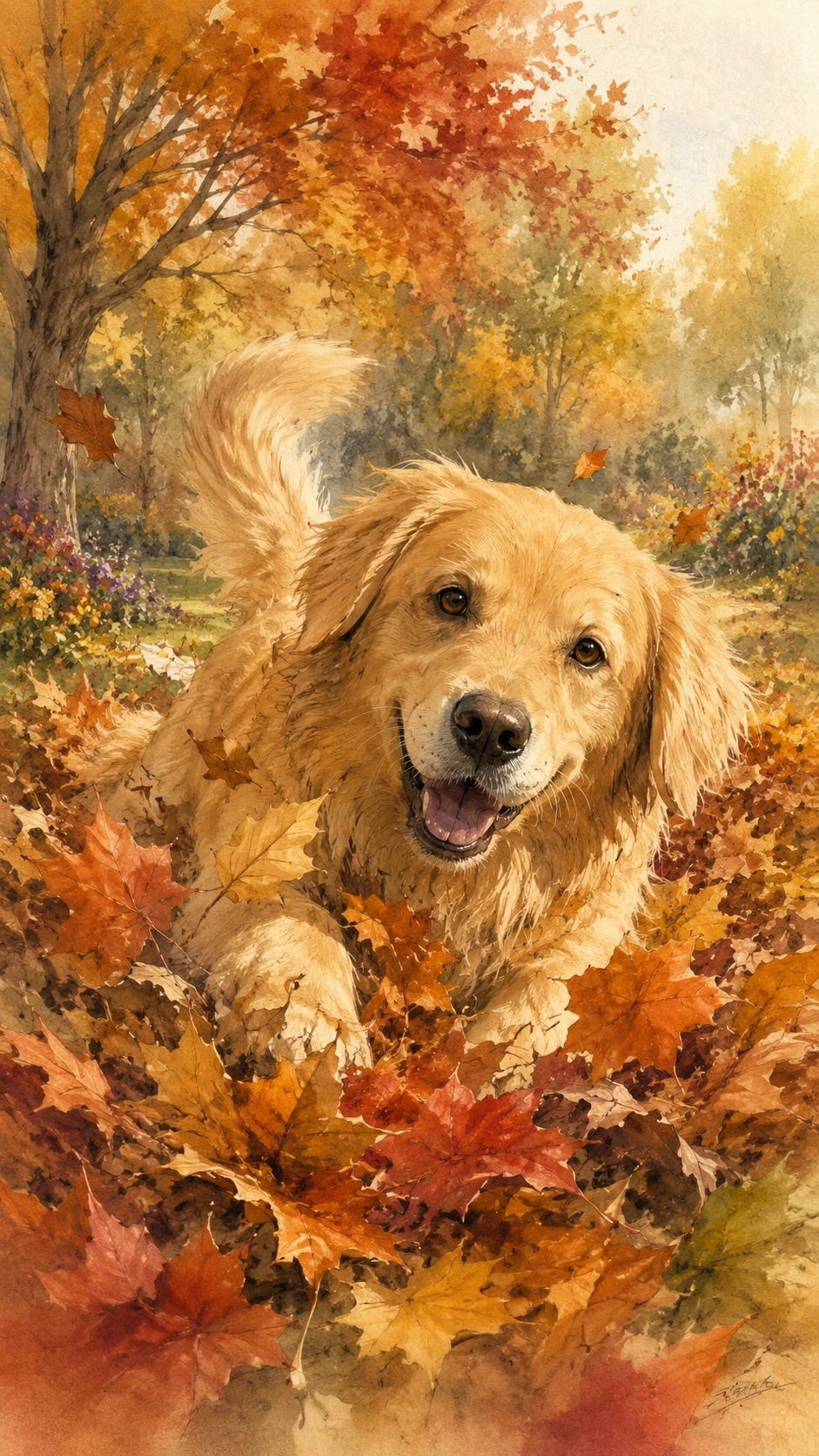 Golden retriever playing in autumn leaves in a park