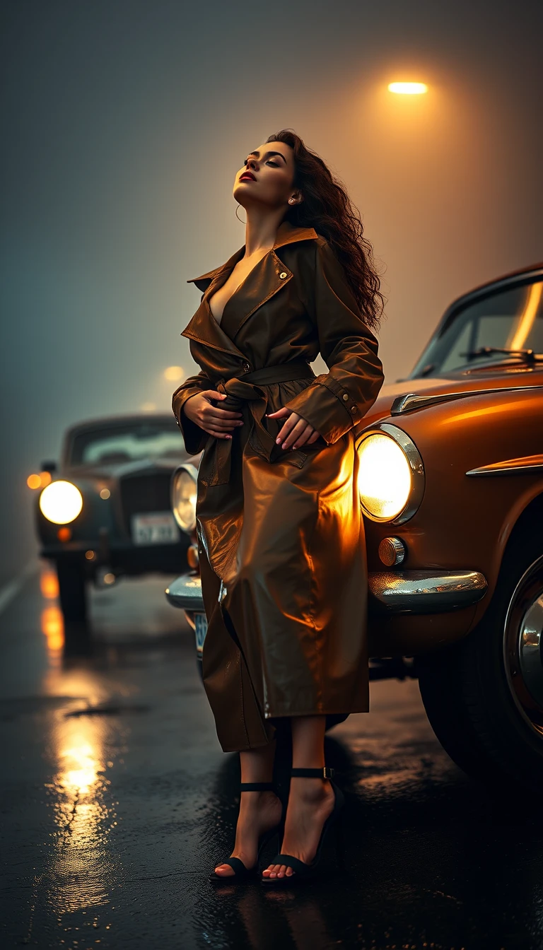 Sensual woman by classic coupe on a foggy night street