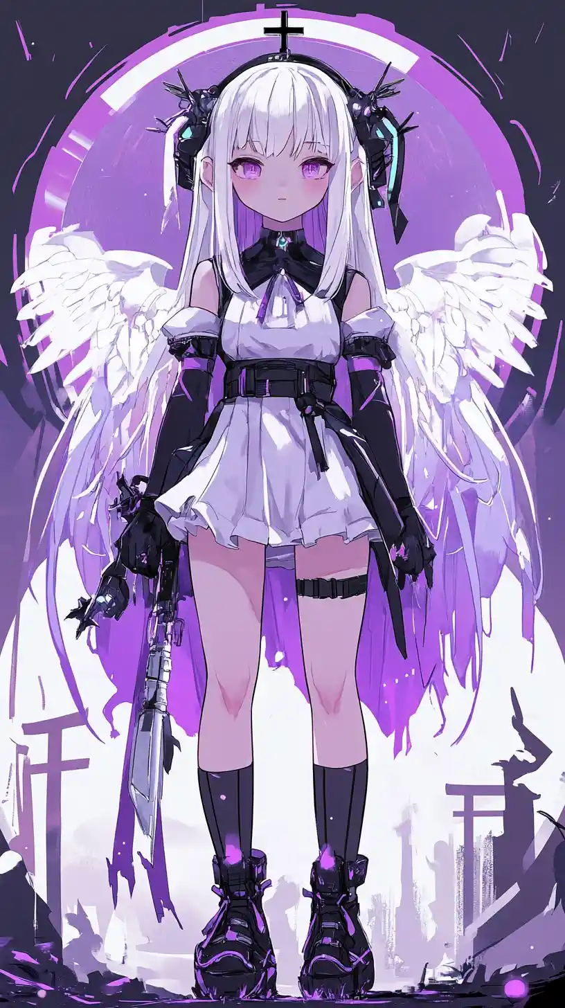 Serious anime girl with twin halos and glowing wings