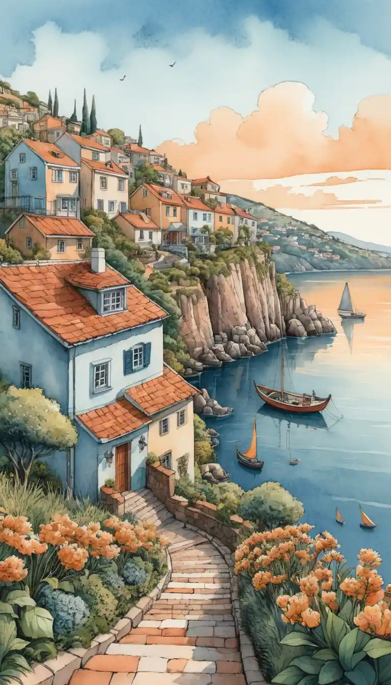 Watercolor hillside village path leading to a tranquil sea
