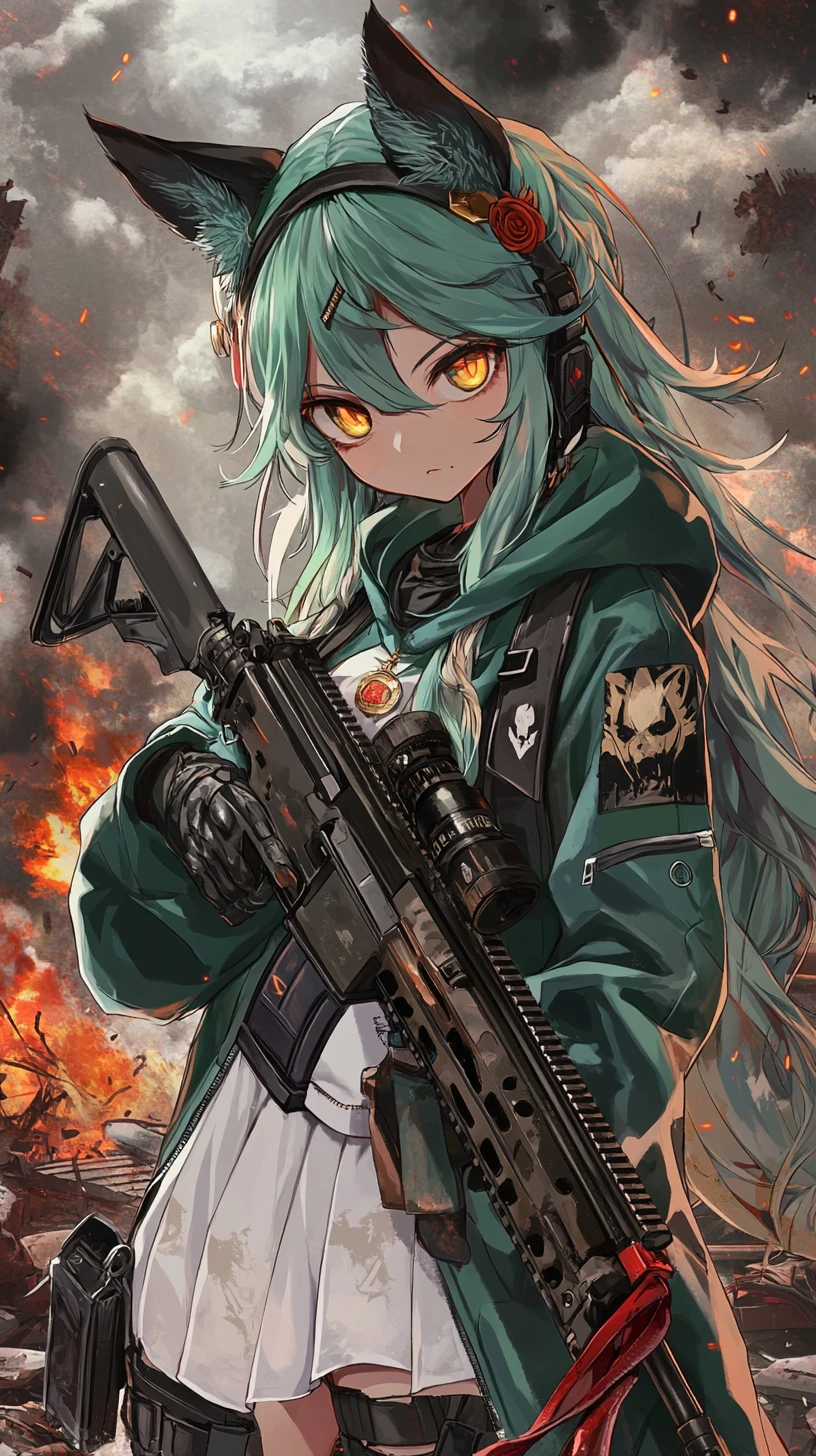 Ragazza anime con fucile in una zona di guerra urbana in rovina