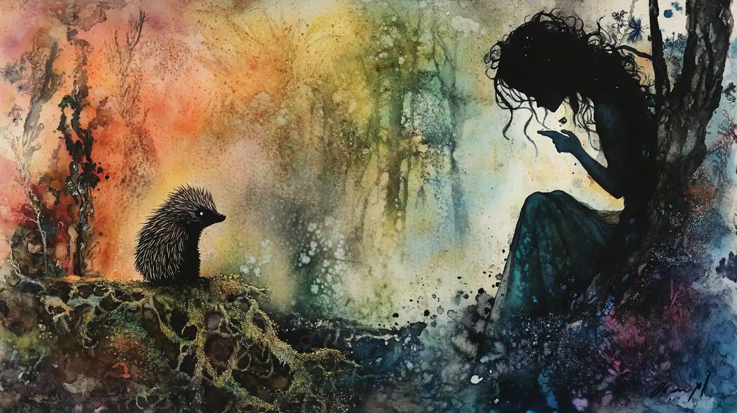 Elfo e Riccio in un Dipinto Minimalista di Foresta Fantasy