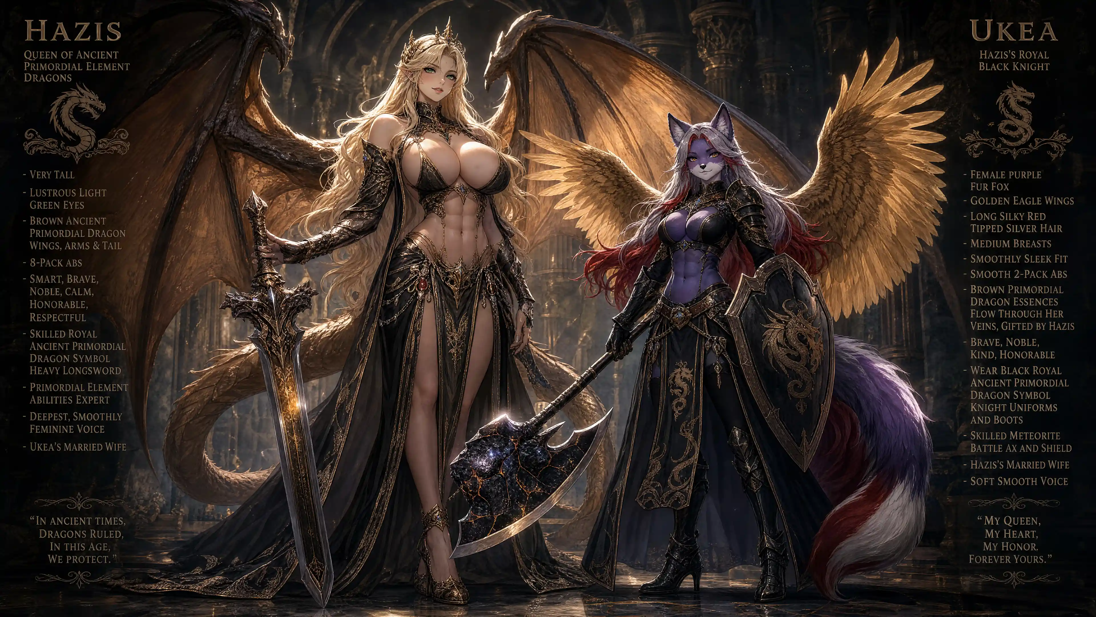 Tall dragon queen woman with ancient wings and sword
