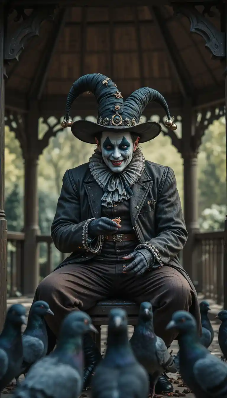 Melancholic court jester feeding pigeons under a rustic gazebo