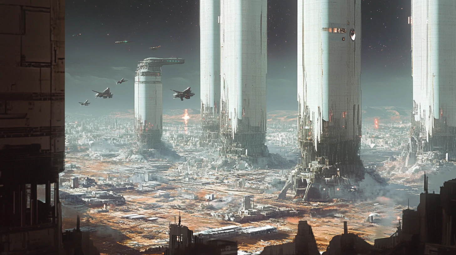 Futuristic cities on colossal pillars above a toxic desert