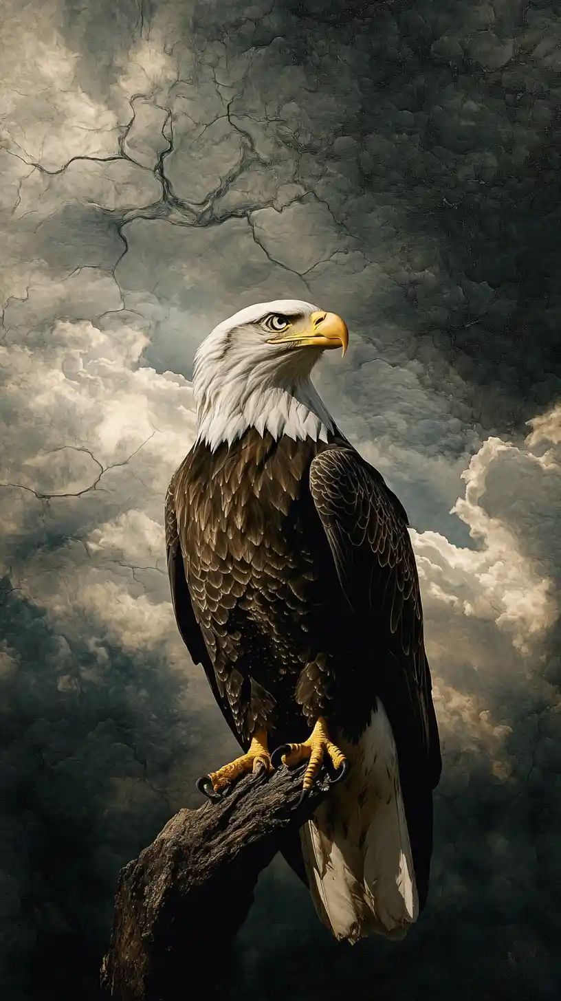 Bald eagle against a distant storm filled sky