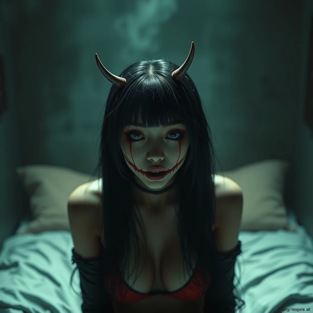 Surreal anime woman in eerie yet playful horror scene