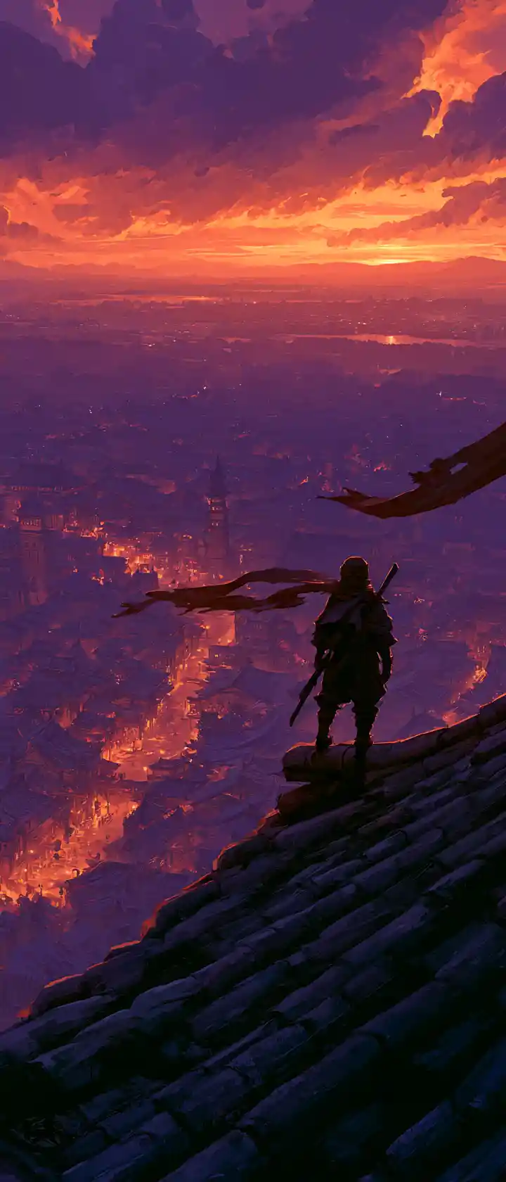Ninja overlooking a twilight fantasy city from a rooftop