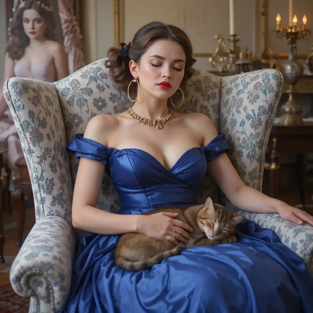 Elegant woman sleeping in a ballgown with cat on her lap