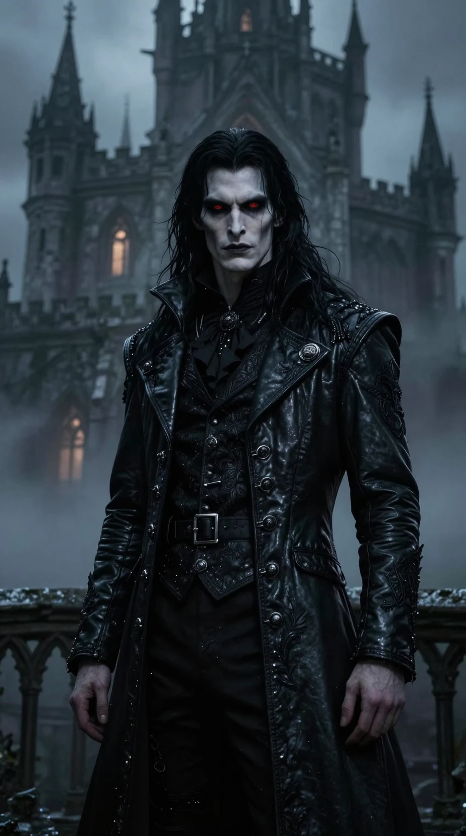 Dark vampire before a looming gothic castle at night
