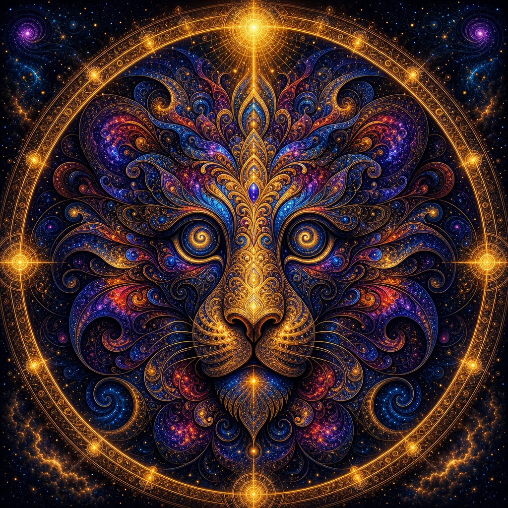 Psychedelic lion mandala with glowing cosmic symmetry