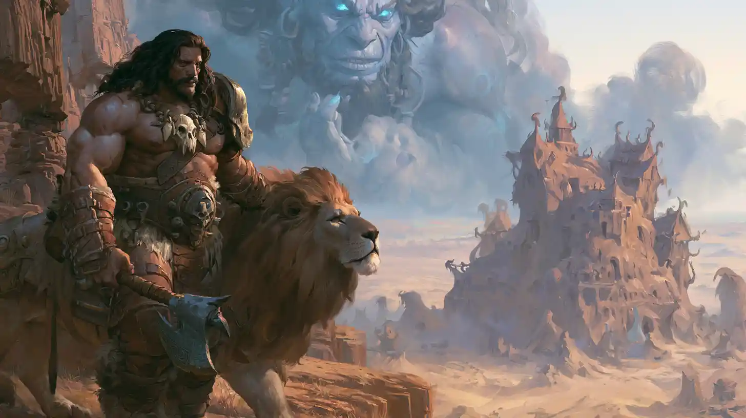 Barbarian warrior and armored lion on a desert cliff