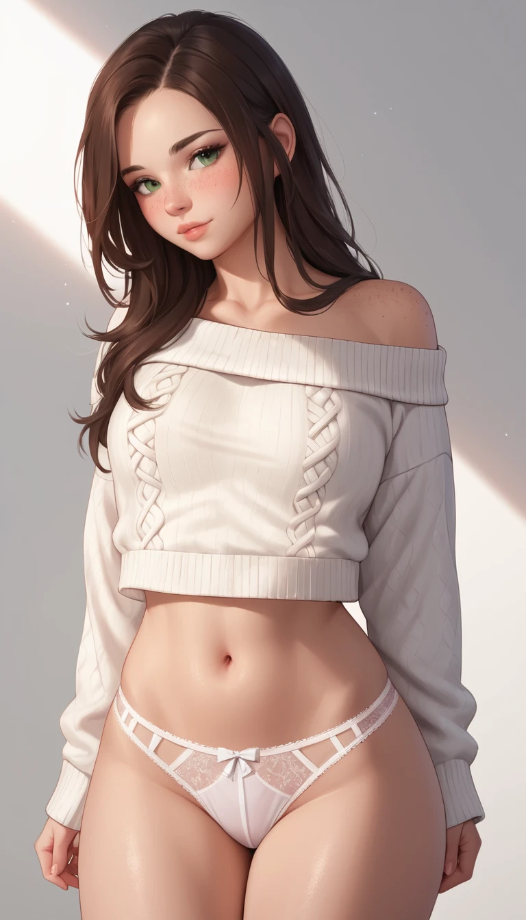 Young brunette girl in gray off shoulder sweater