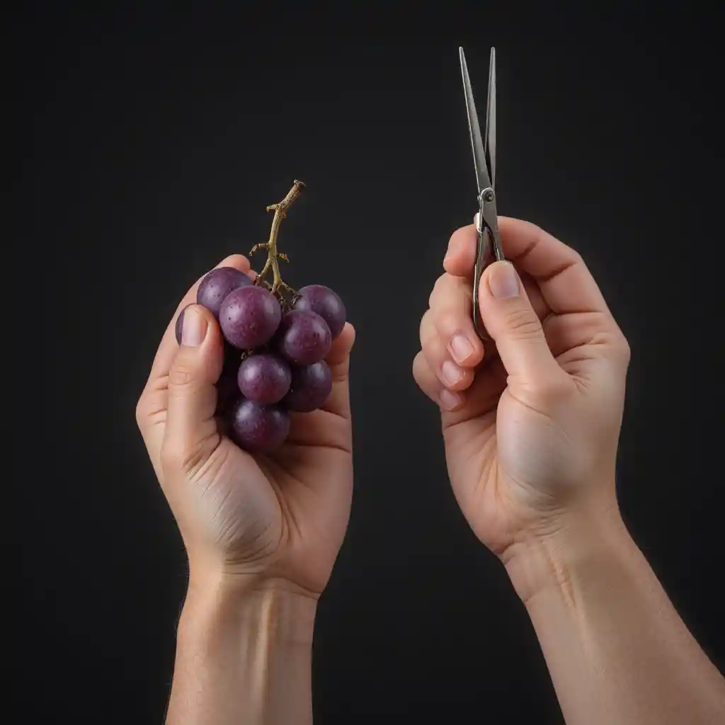 Hands holding grape and scissors against black studio background