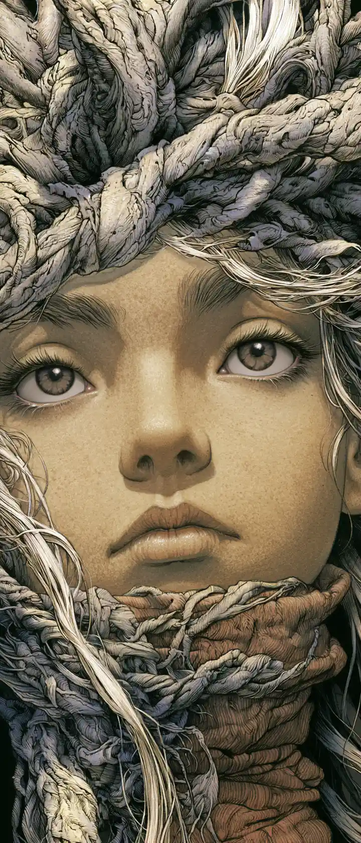 Anime girl close up with hair transforming into forest roots
