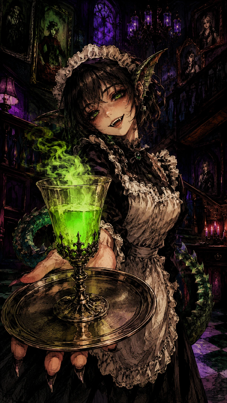 Monster tailed maid offering neon green drink to viewer