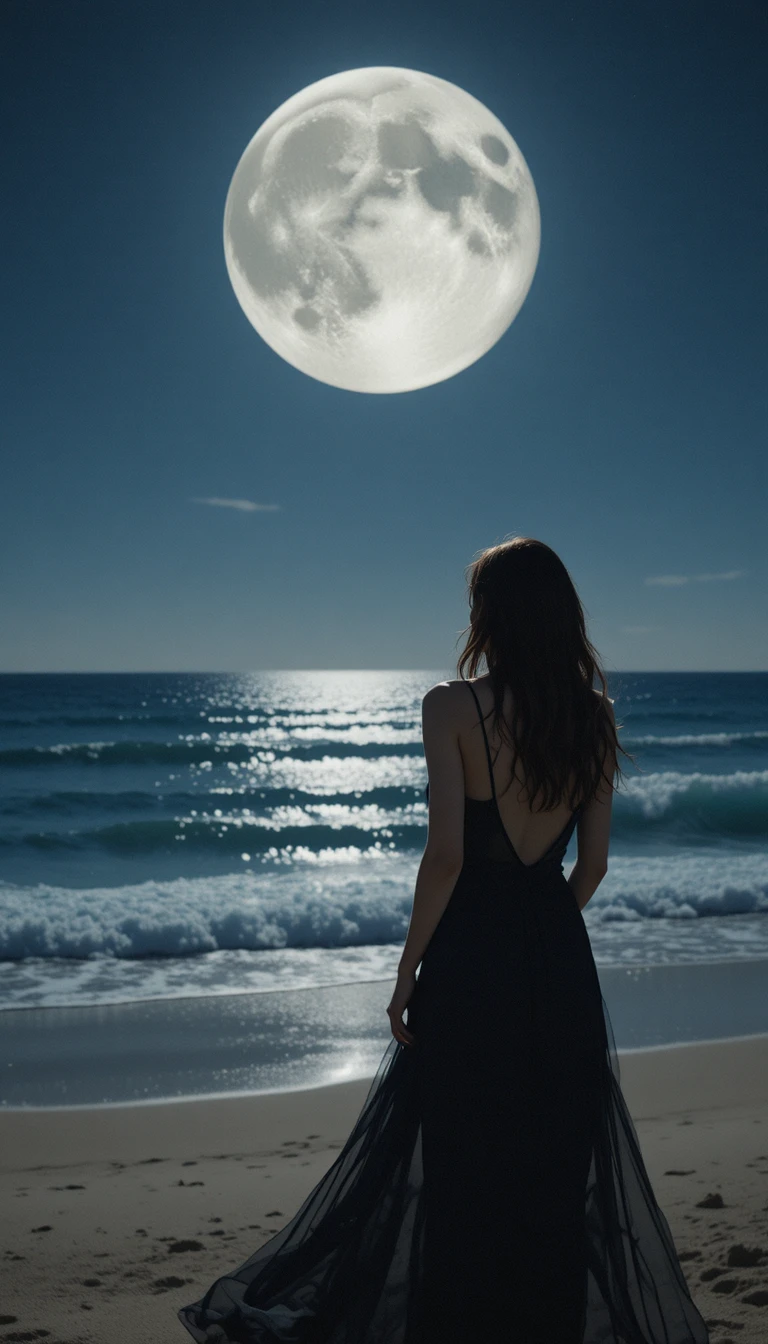 Woman in black dress on moonlit beach at night