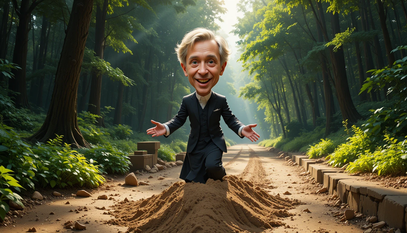 Middle aged priest sinking into quicksand in forest clearing