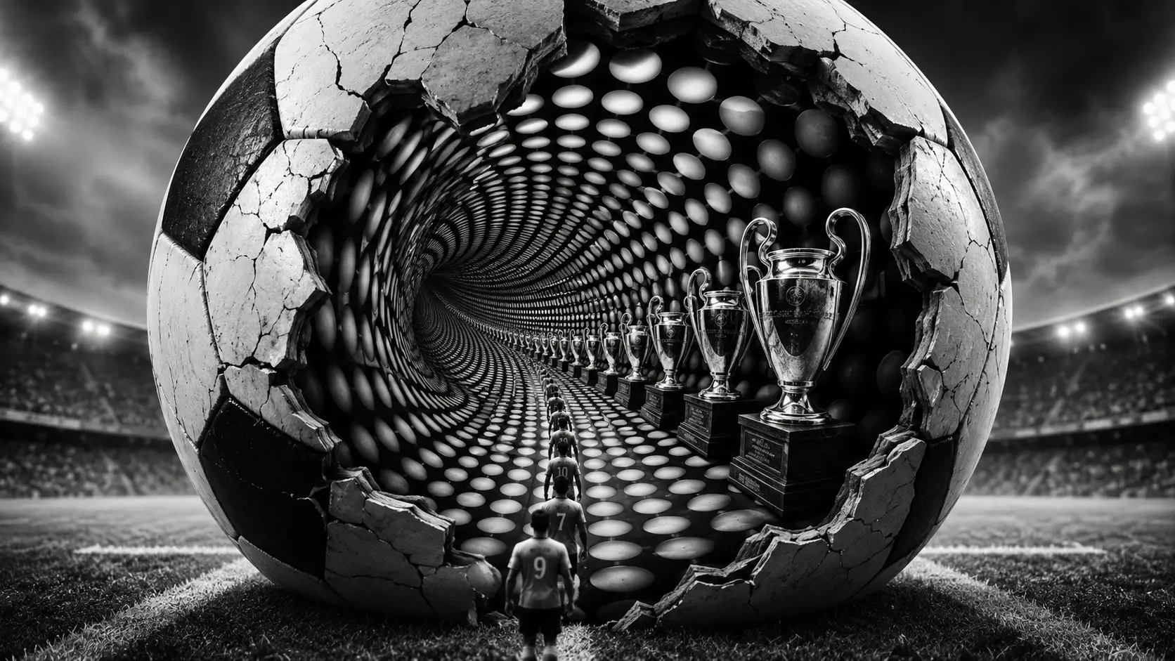 Bola de futebol rachada revelando túnel infinito por dentro