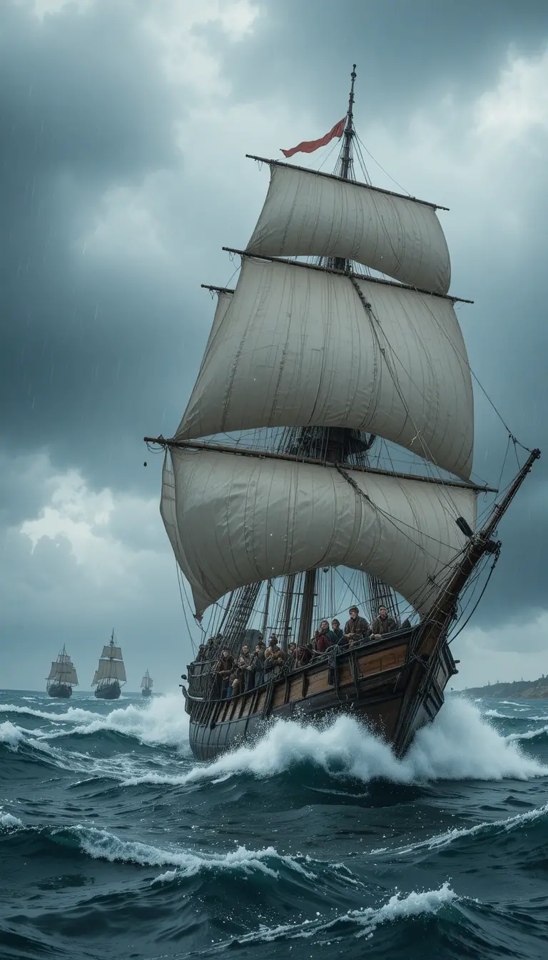 Portuguese carrack crew facing stormy winds and high waves
