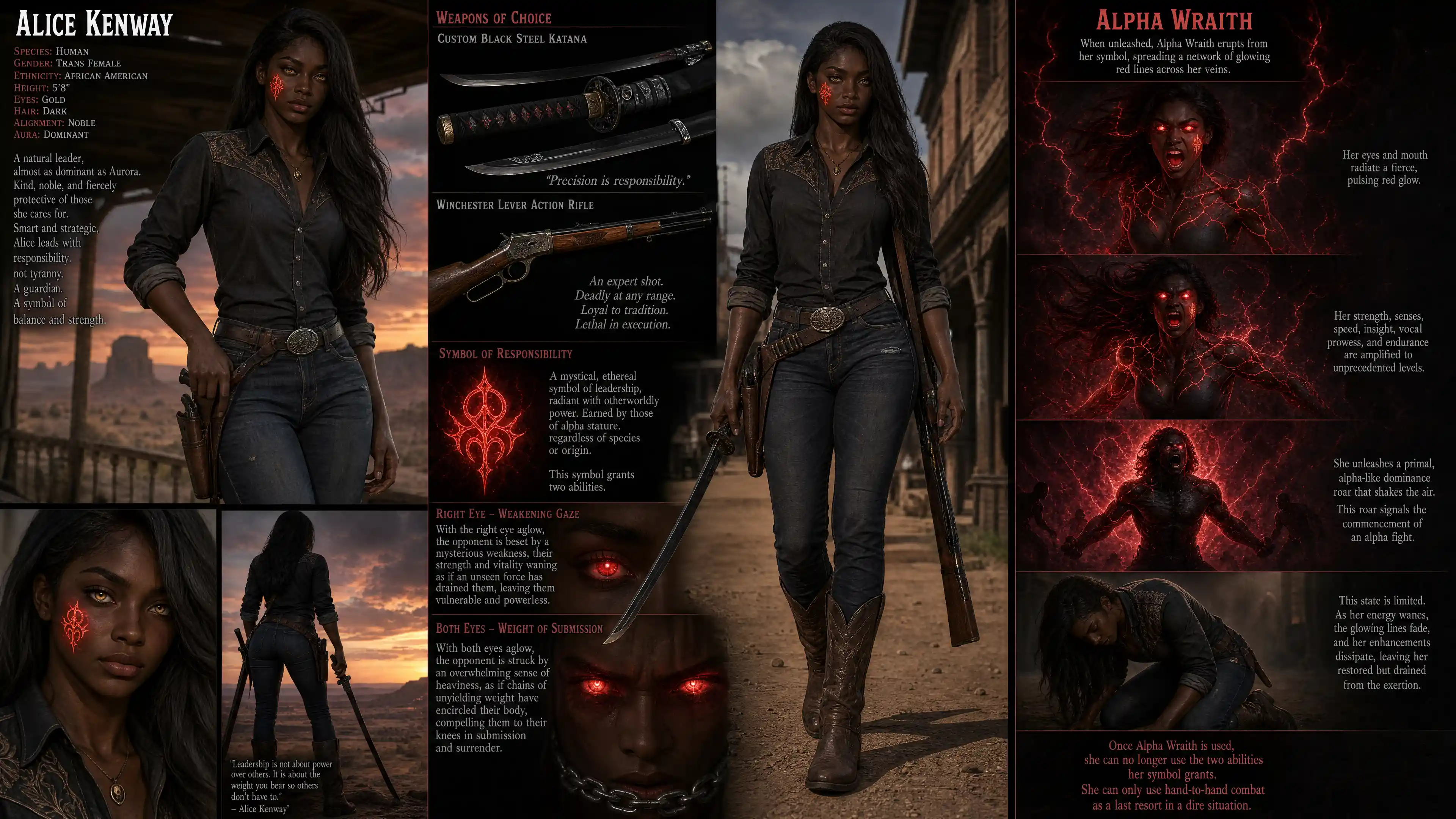 African American warrior woman with glowing red symbol