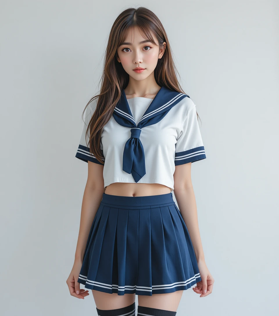 Confident young woman in sailor school uniform posing