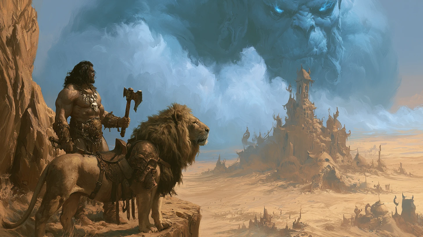 Barbarian warrior and armored lion above desolate desert