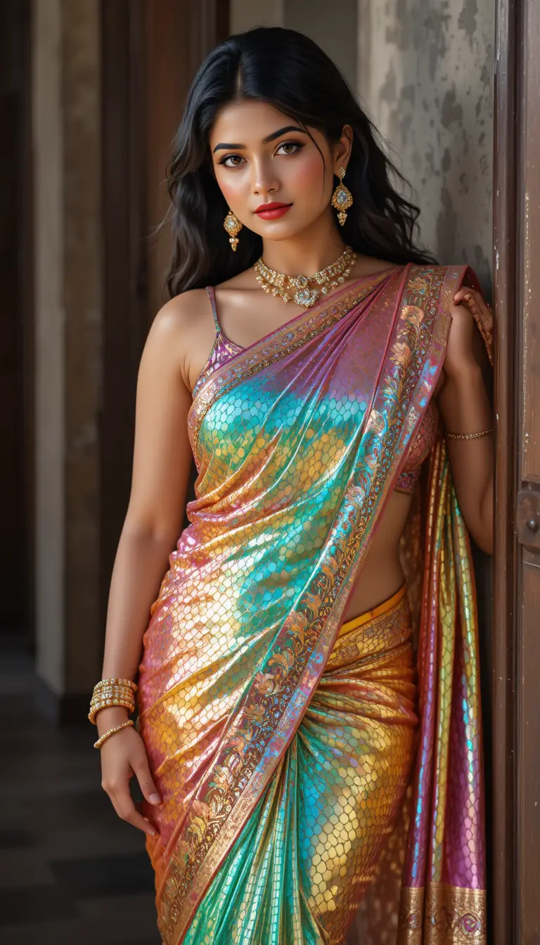 Donna indiana in sari a specchio lucido piegata in avanti alla vita