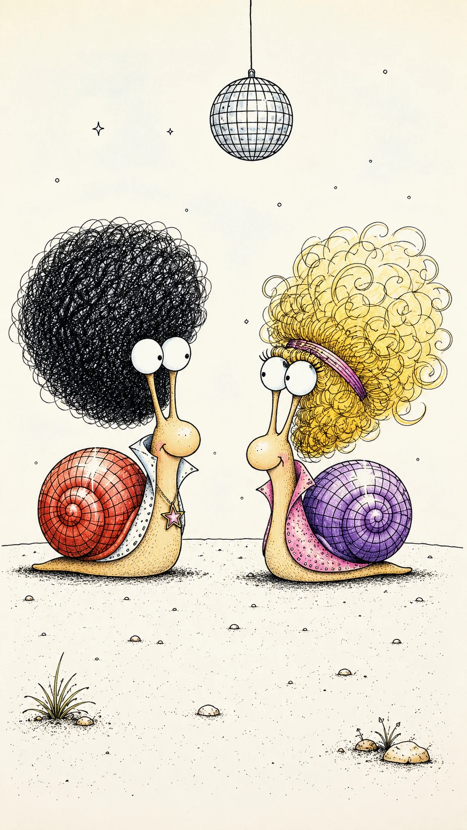 Cartoon disco snails admiring each others hairstyles