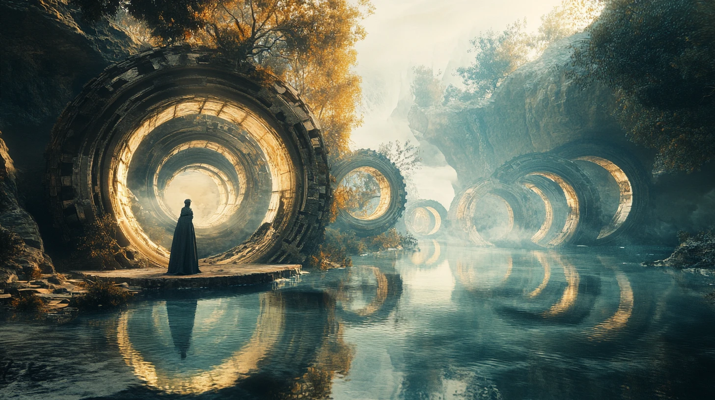Mystical ferryman on surreal clockwork riverbank