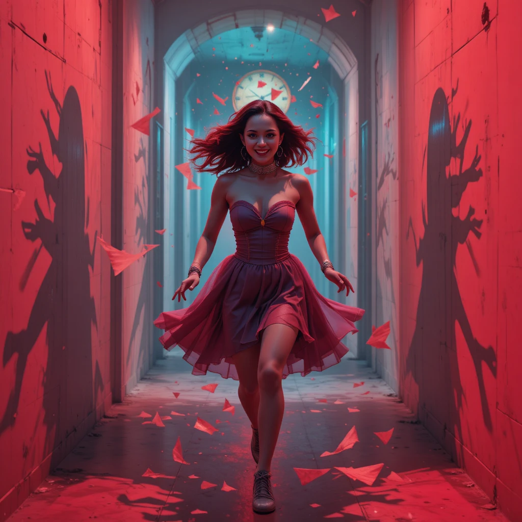 Woman running through a twisted nightmare corridor
