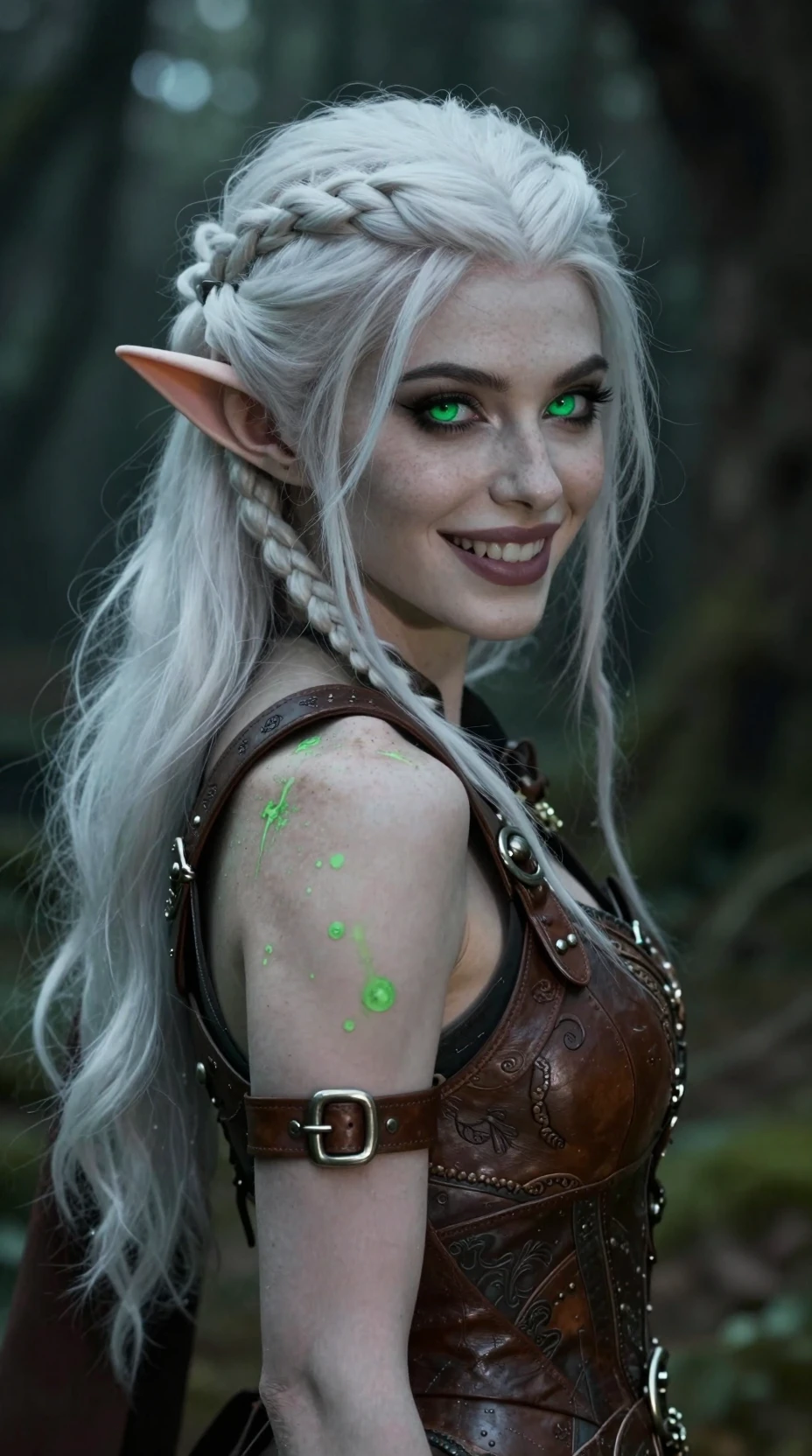 Mischievous forest elf vampire woman in braided white hair