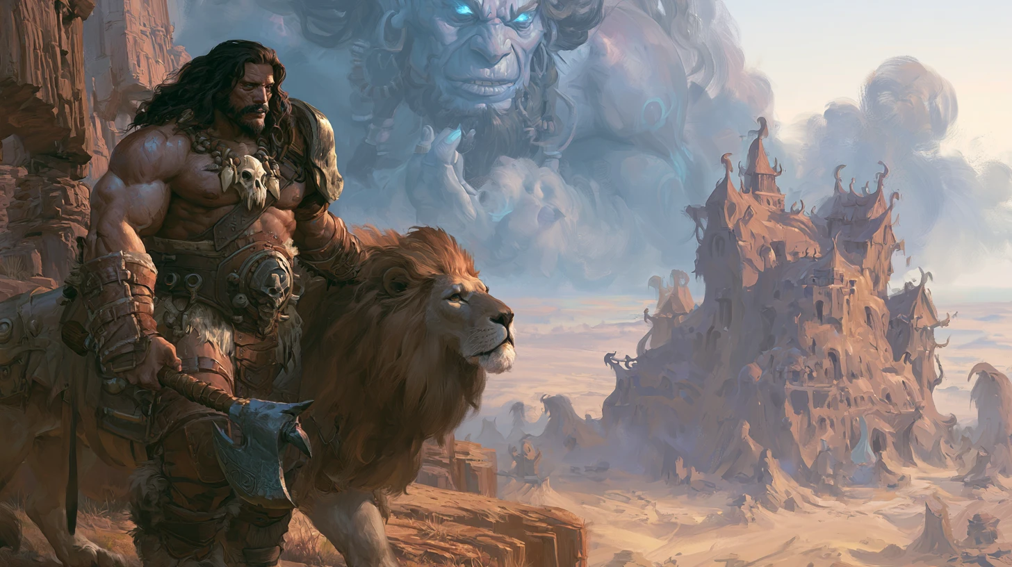 Barbarian warrior and armored lion on a desert cliff