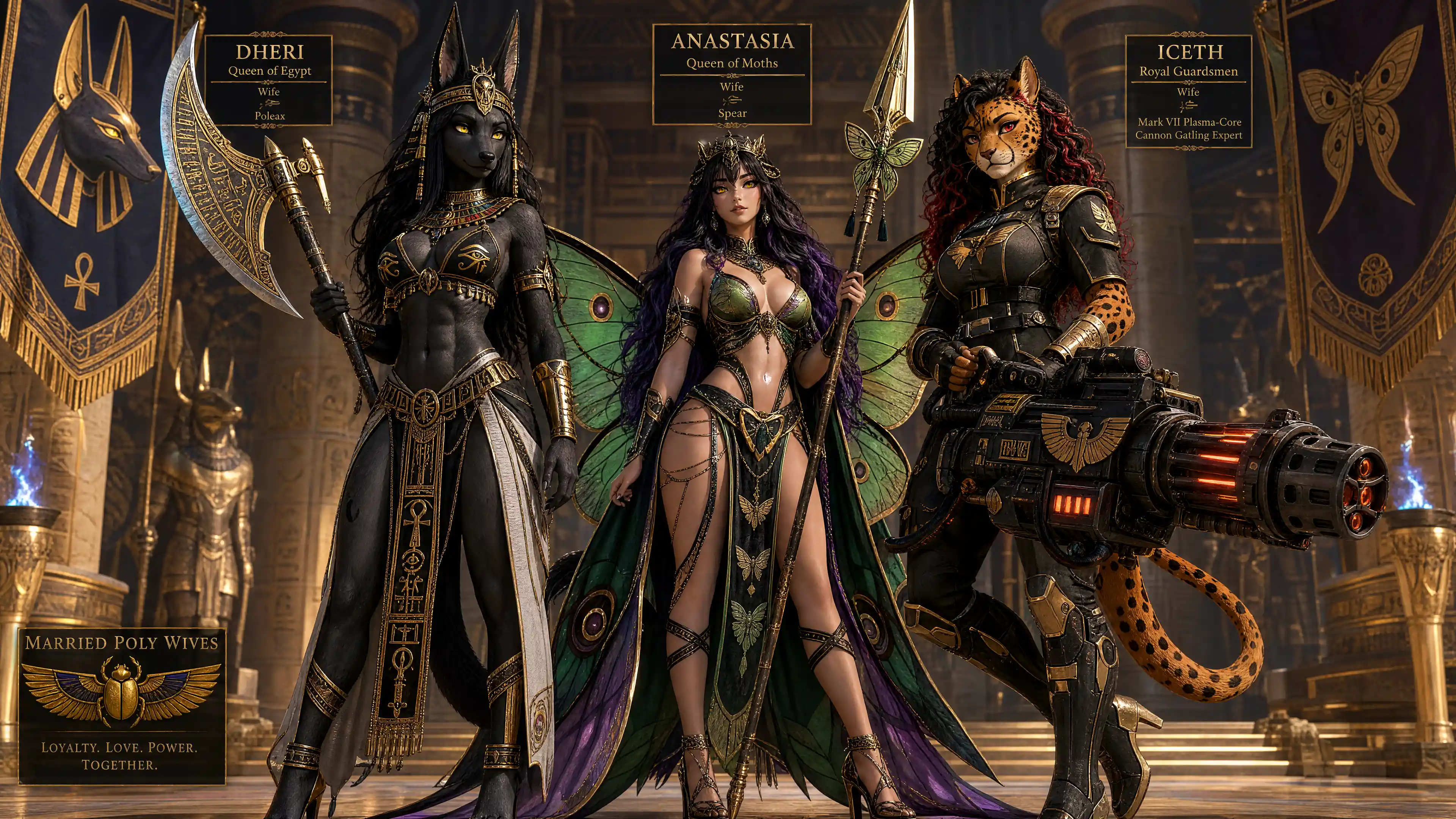 Egyptian jackal queen in royal garments with poleaxe