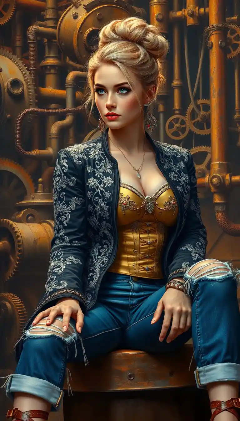 Elegant woman in steampunk workshop oil painting scene