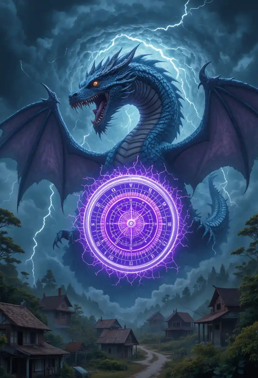 Storm dragon above glowing violet magic circle